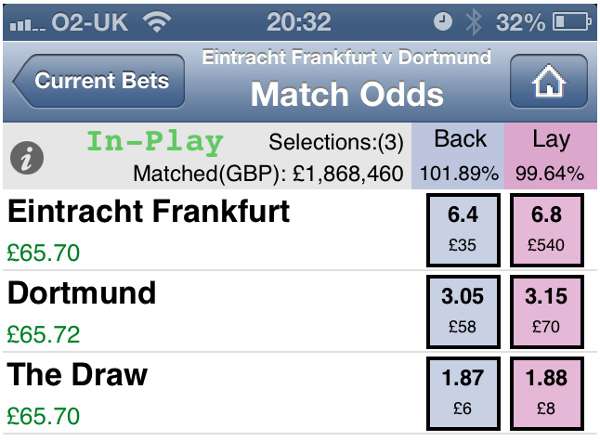 Football Betting - Betfair Mobile Phone App Screenshot