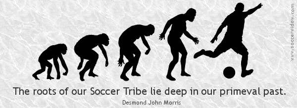 Stages in the descent of man from ape, through to Neanderthal, and finally into a footballer - Soccer Quote: The roots of our Soccer Tribe lie deep in our primeval past - Desmond John Morris