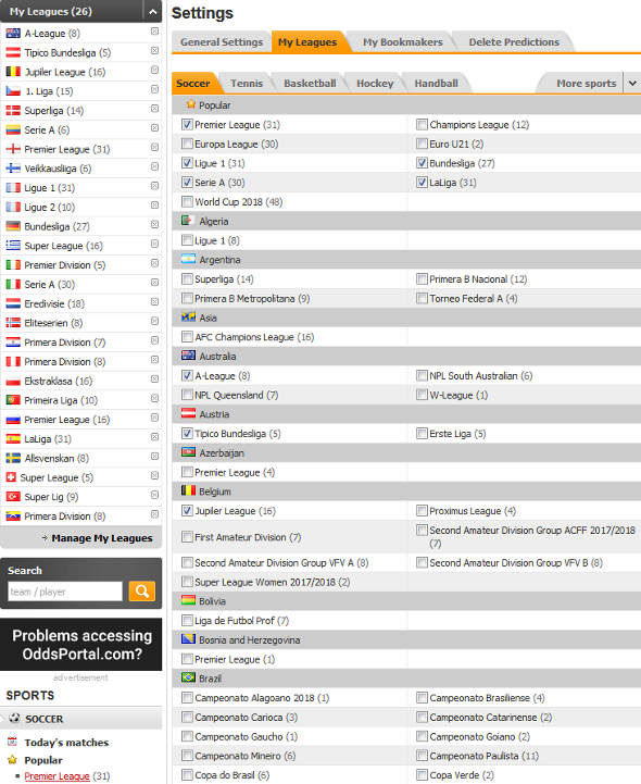 Oddsportal My Leagues Screenshot