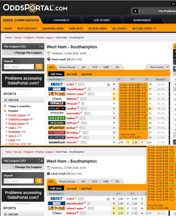 Oddsportal Ante Post Odds Composite Screenshot - West Ham vs. Southampton 31/03/2018