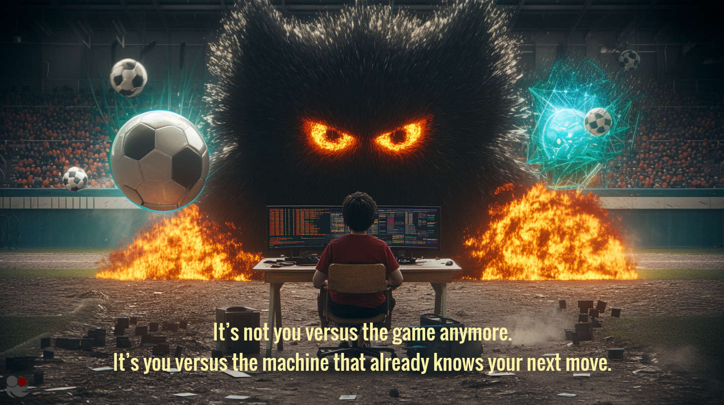 A person facing a massive AI beast while betting on football; symbolising how machine learning anticipates human behaviour in sports betting.