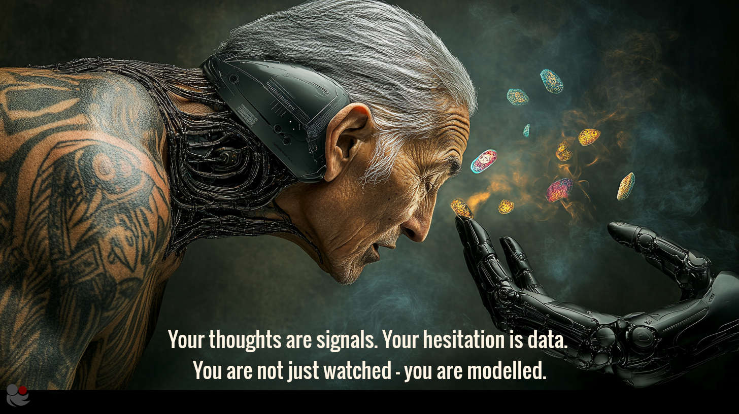 A cybernetic elder sharing memory fragments with a robotic hand — symbolising how machine learning converts behaviour into data in betting systems.