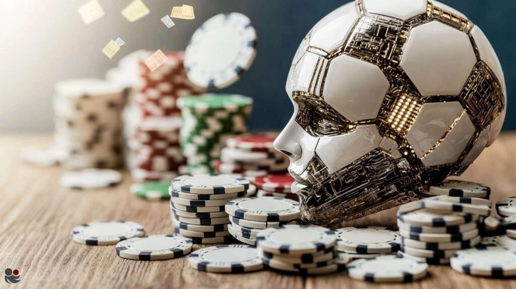 A robotic football head surrounded by casino chips and betting slips, representing AI in sports betting.