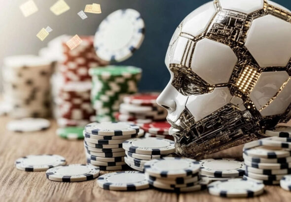 A robotic football head surrounded by casino chips and betting slips, representing AI in sports betting.