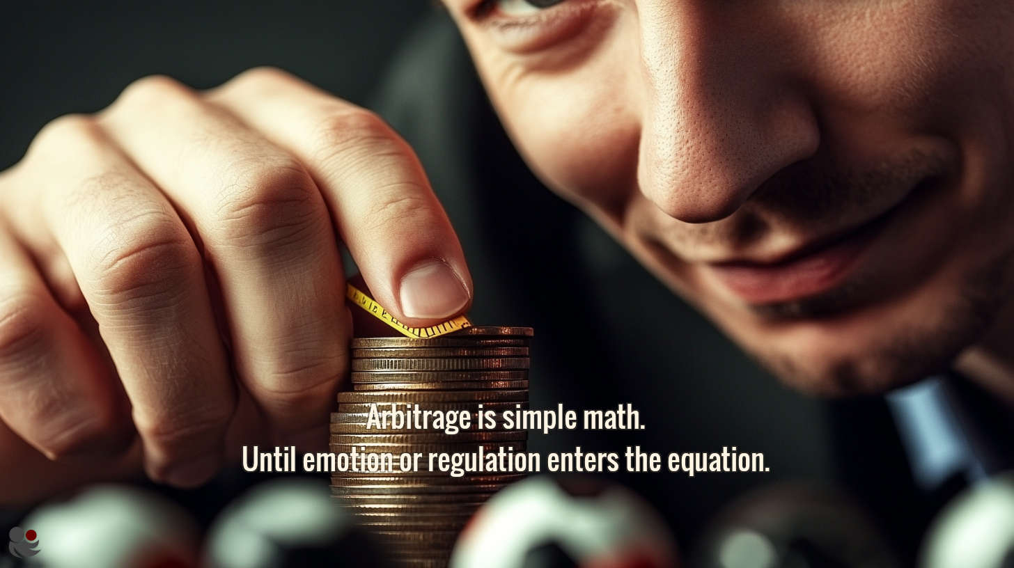 Close-up of a man measuring a stack of coins with a tape, symbolising the precision and regulation risks in arbitrage betting.