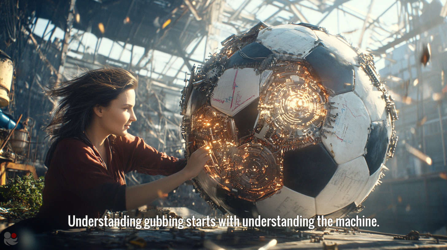 Woman adjusting the inner mechanics of a glowing, complex soccerball, representing analytical understanding of sports betting systems and gubbing