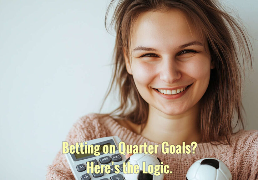 Cheerful woman holding a football with mathematical formulas in the background, symbolising the concept of goal lines and betting logic in Over/Under football markets.