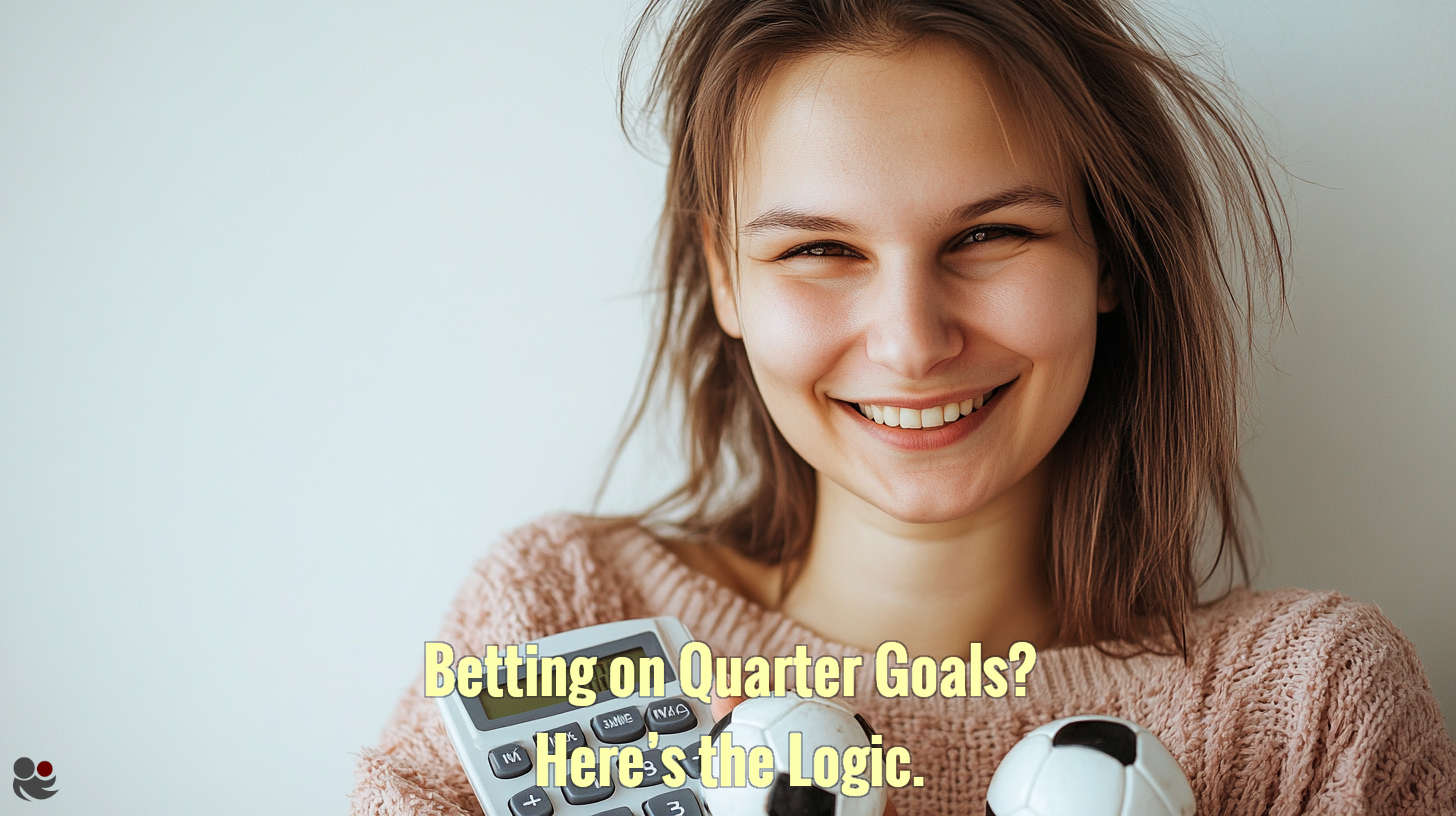 Cheerful woman holding a football with mathematical formulas in the background, symbolising the concept of goal lines and betting logic in Over/Under football markets.