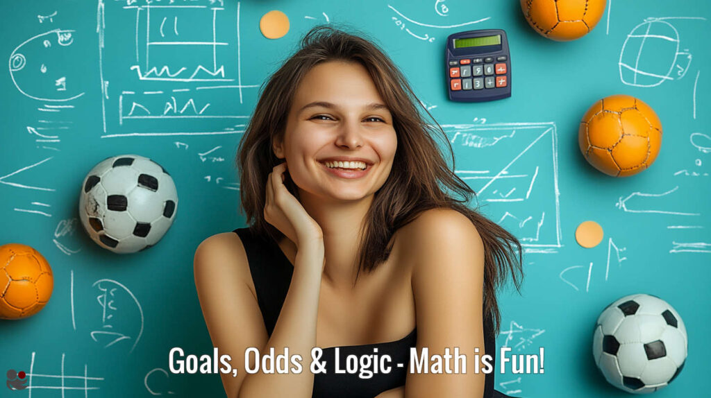Smiling woman surrounded by soccerballs, chalkboard football diagrams, and a calculator – light-hearted visual for understanding Over/Under betting.