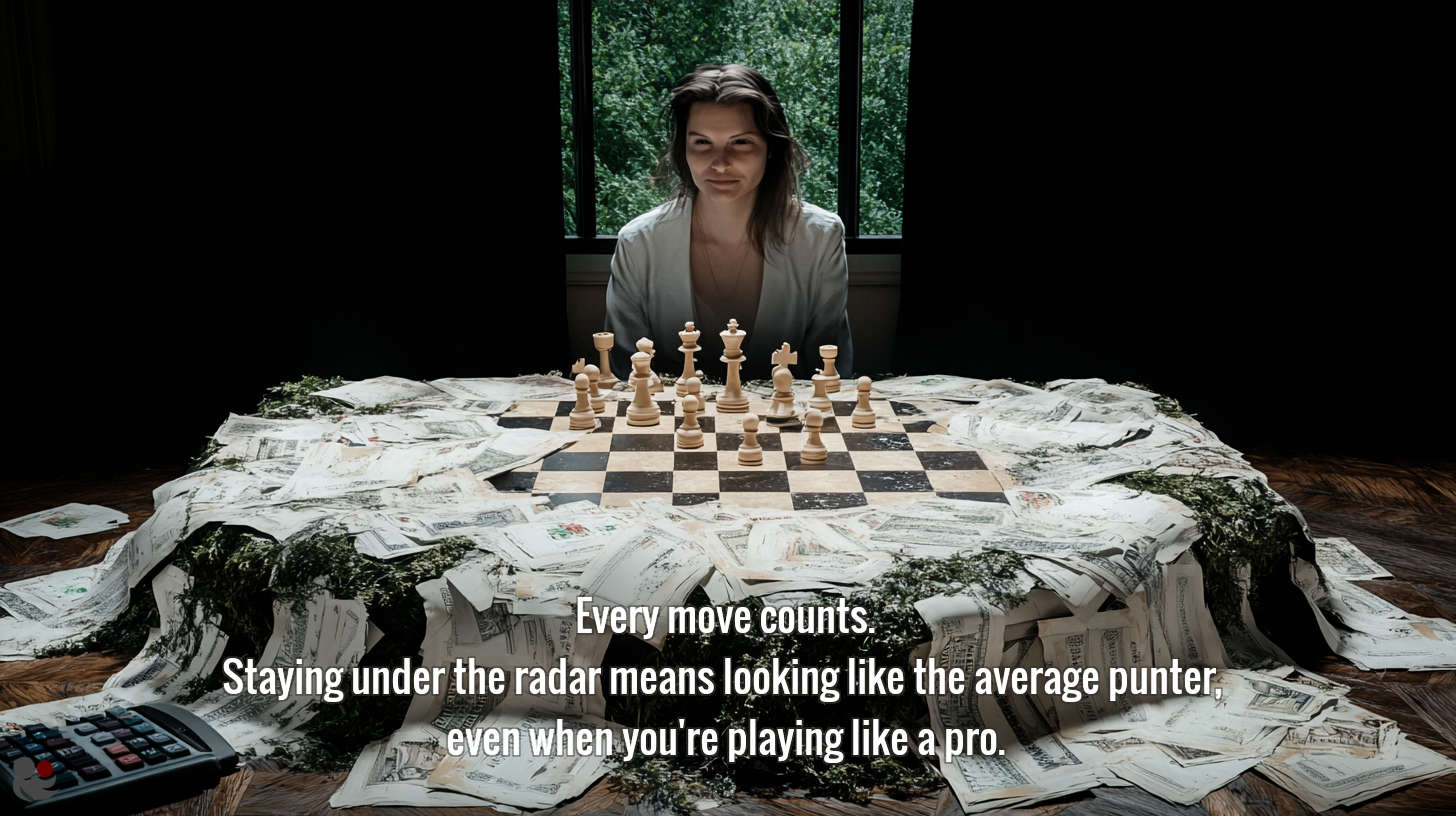 Woman playing chess surrounded by betting slips, symbolising strategic thinking in betting.