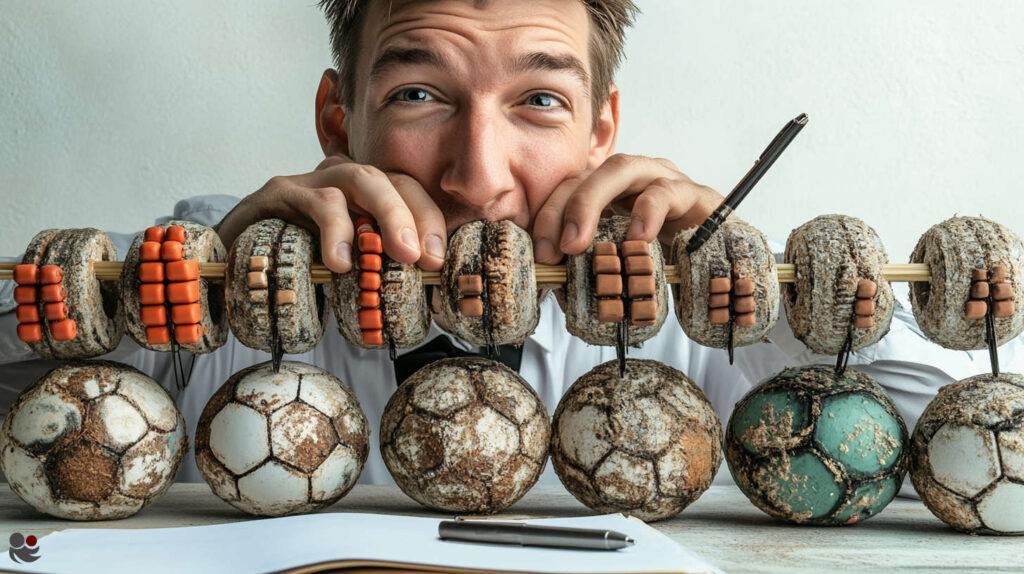 Man calculating with a football-themed abacus, symbolising the clash of tradition and data in football betting.