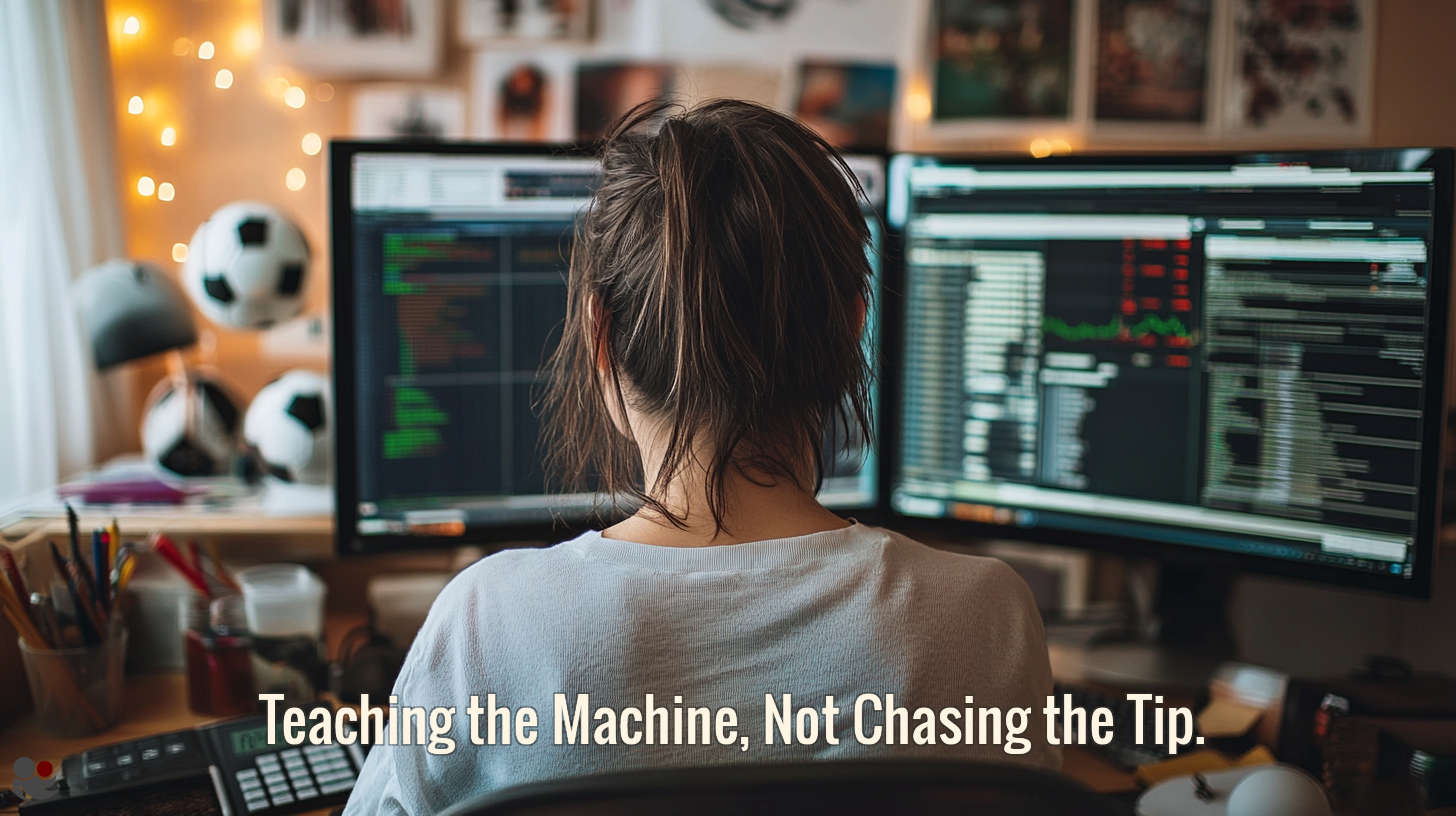 Soccerwidow working on an AI model for football betting education (dual monitors with code and football odds).