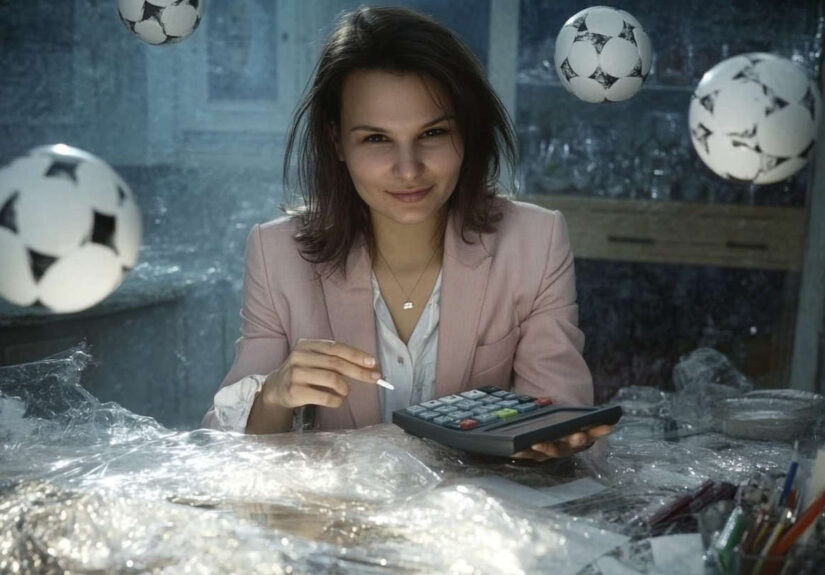 Woman holding calculator with floating footballs – symbol of statistical betting education
