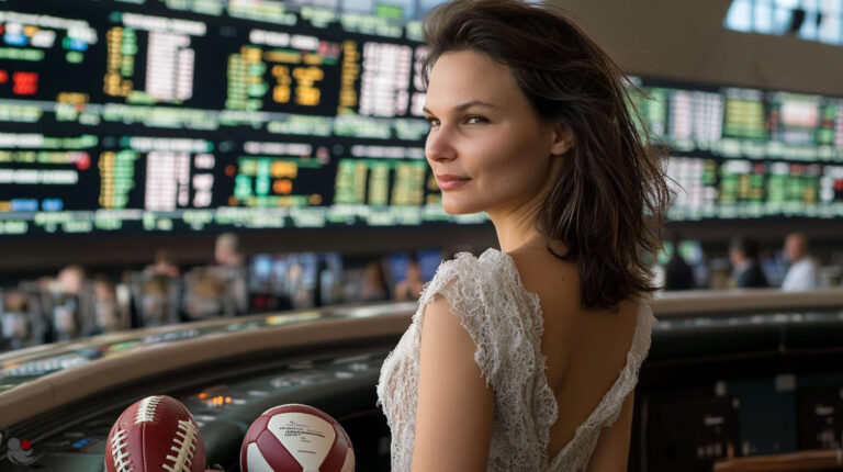 Confident woman in white lace dress standing in front of a sportsbook odds display, symbolising awareness in a high-stakes betting environment