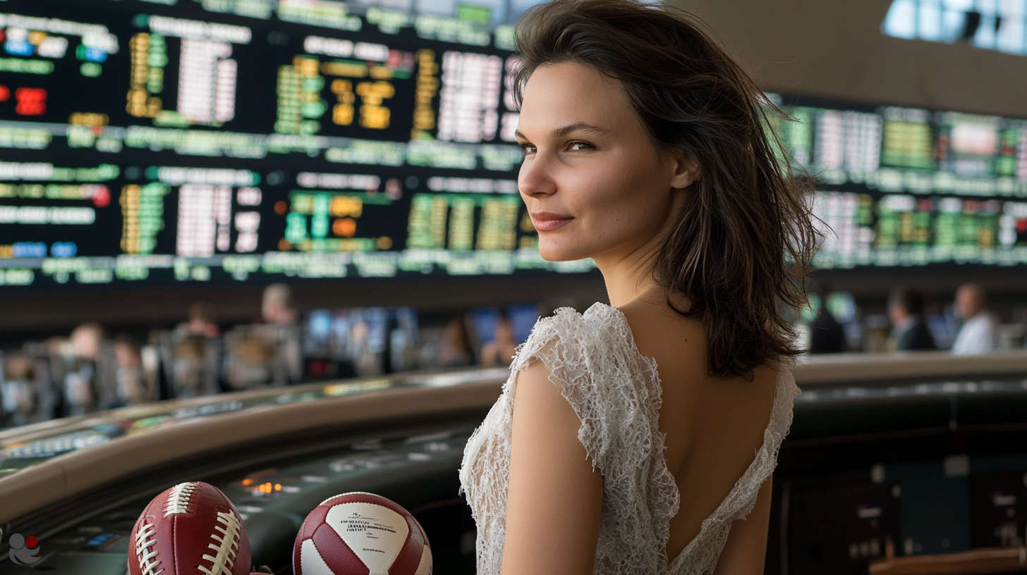 Confident woman in white lace dress standing in front of a sportsbook odds display, symbolising awareness in a high-stakes betting environment