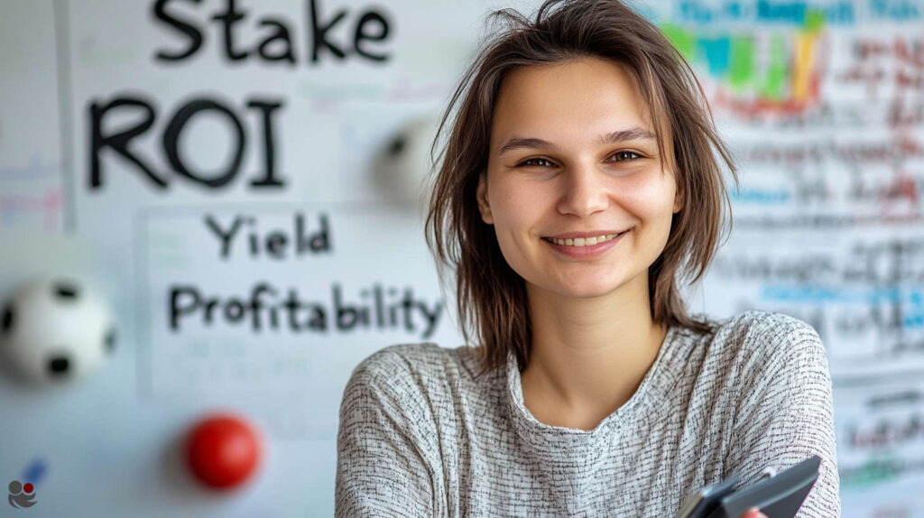Smiling young woman in a casual jumper; behind her a whiteboard reads - Stake, ROI, Yield, Profitability - with small footballs attached, illustrating key betting metrics.