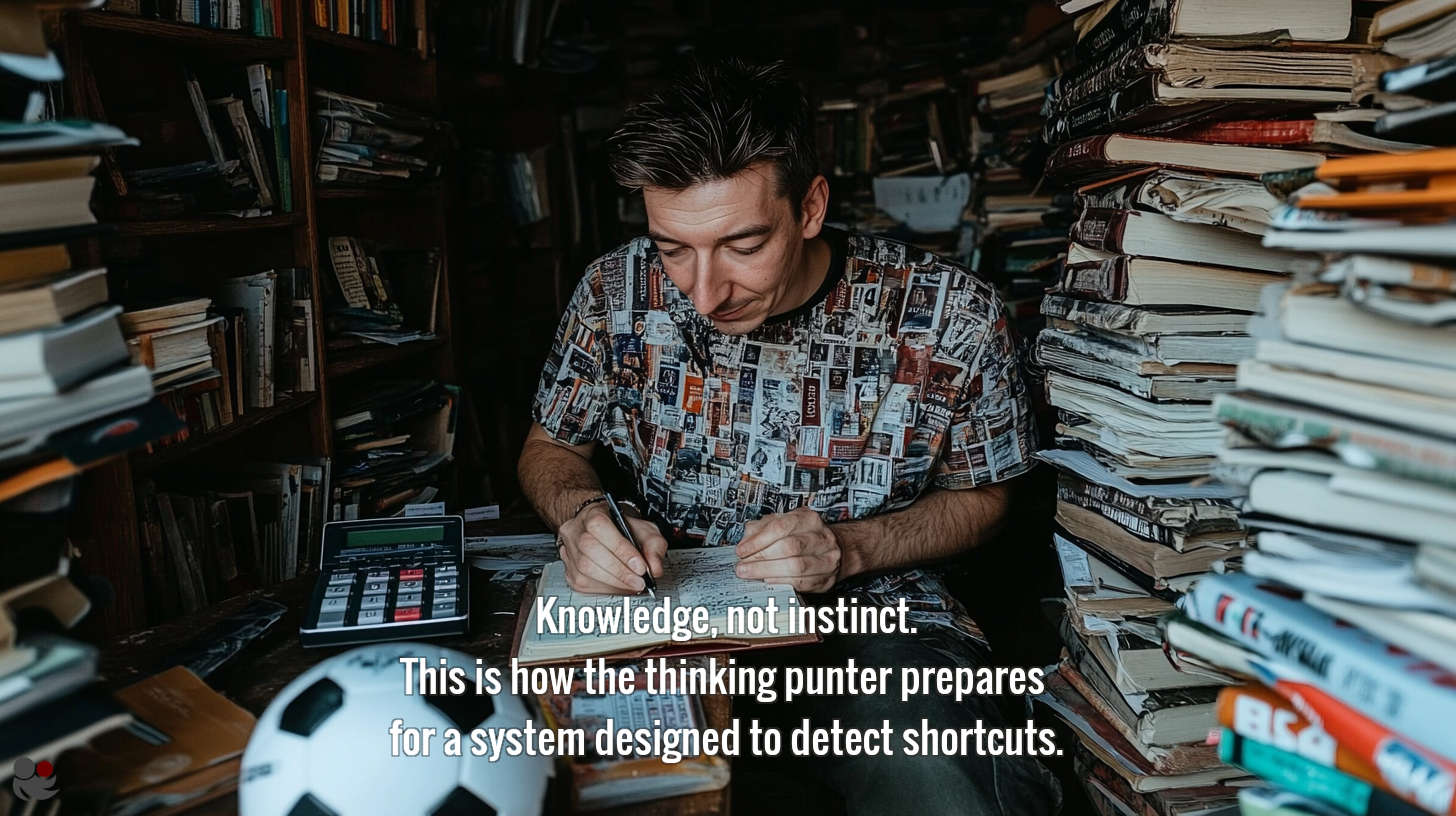 A thoughtful man surrounded by books and papers, scribbling notes with a glowing soccerball nearby - symbolising deep research, learning, and the analytical mindset of the thinking bettor.