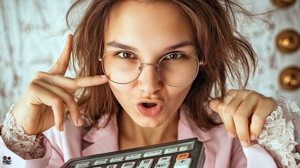 Young woman with glasses holding calculator and making a playful surprised face – symbolising value betting calculations.