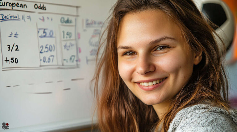 “Woman grinning in front of a whiteboard with betting-odds examples.”