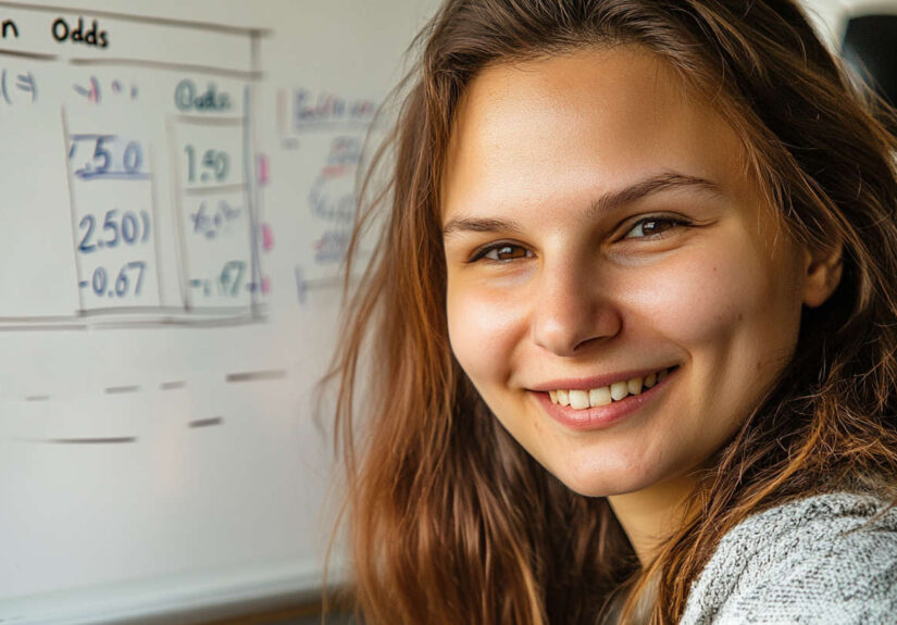 “Woman grinning in front of a whiteboard with betting-odds examples.”