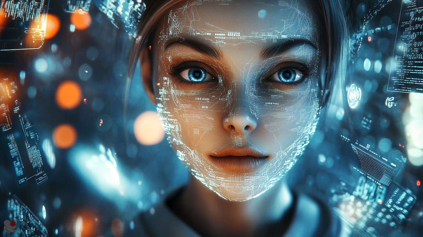 Futuristic AI portrait of COMFY analysing free betting tips, Soccerwidow’s AI contributor, with data maps overlaid on her face in a cyberpunk style.
