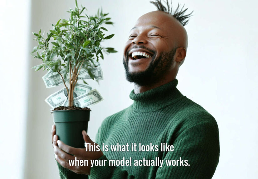 Happy man holding a potted money tree — metaphor for disciplined football betting and long-term profit mindset.