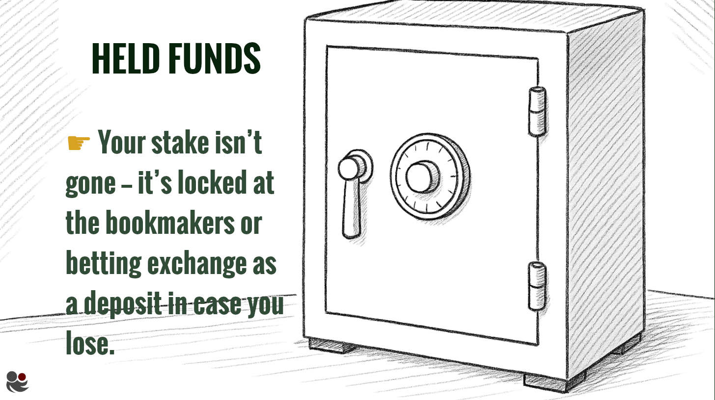 Black and white cartoon of a safe with the caption “Held Funds” and explanatory text stating that betting stakes are locked as a deposit in case you lose.