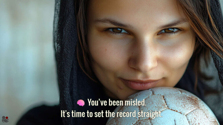 A confident woman in a black headscarf holding a worn football, looking directly at the viewer. Text overlay reads: You’ve been misled. It’s time to set the record straight.