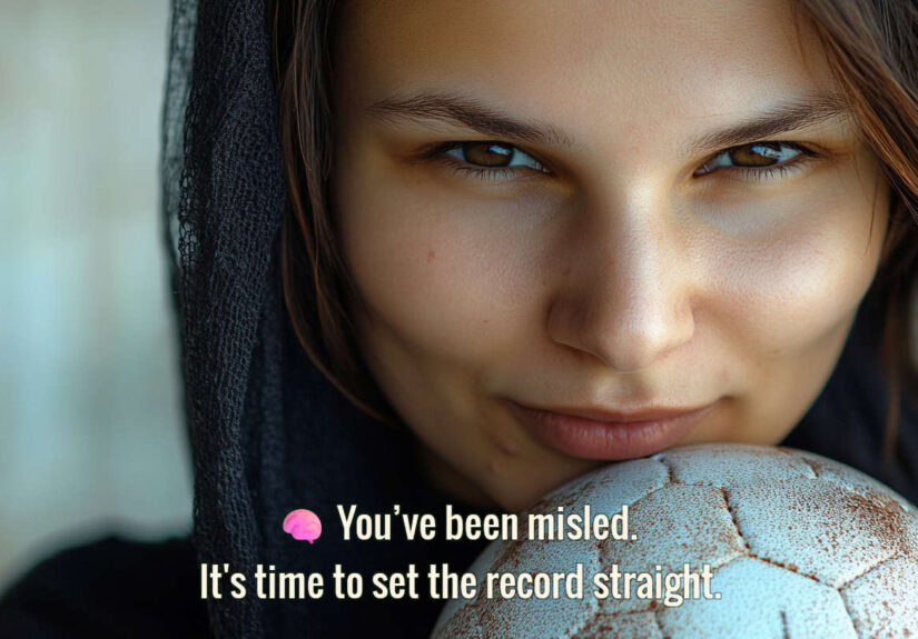 A confident woman in a black headscarf holding a worn football, looking directly at the viewer. Text overlay reads: You’ve been misled. It’s time to set the record straight.
