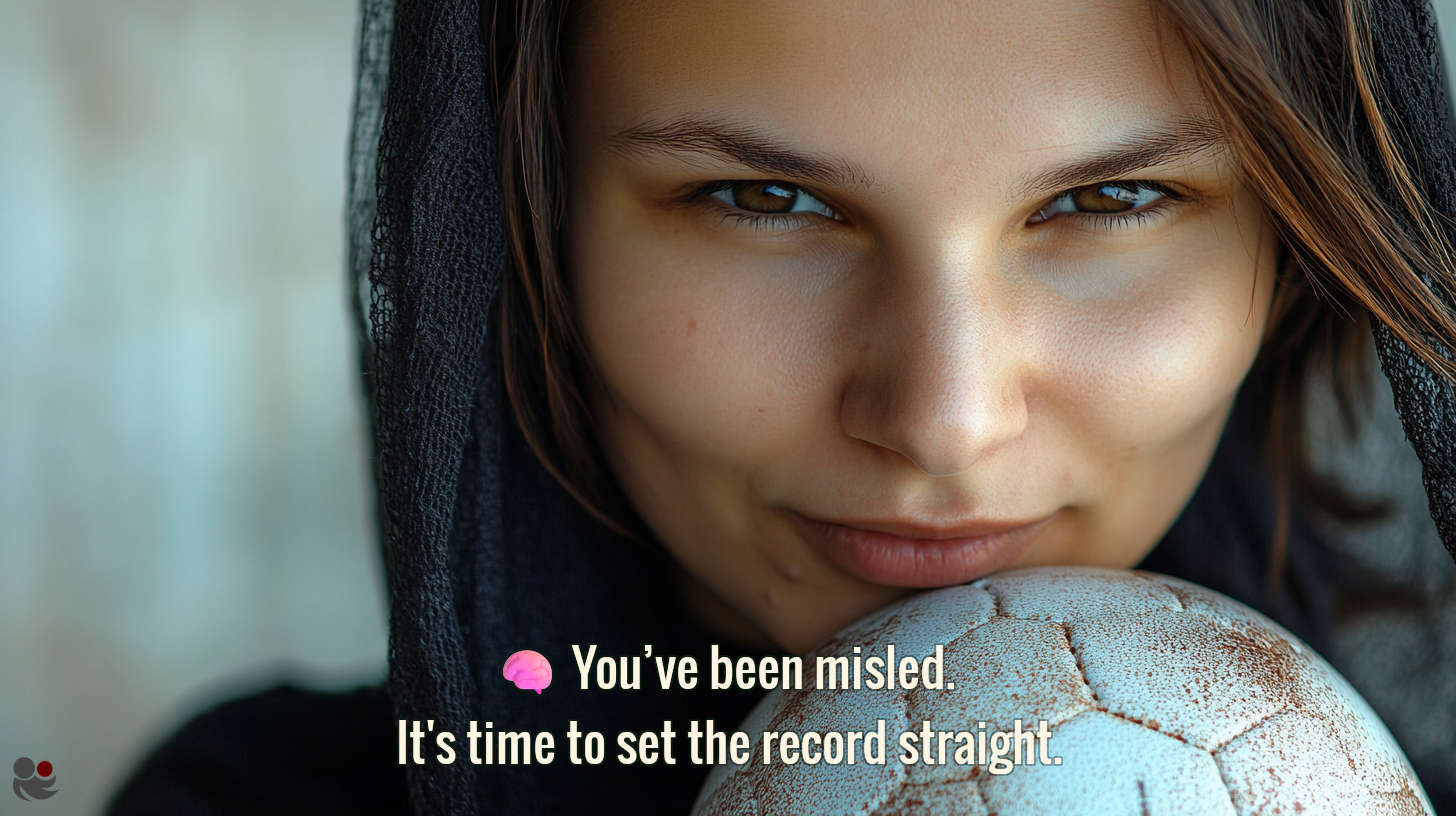 A confident woman in a black headscarf holding a worn football, looking directly at the viewer. Text overlay reads: You’ve been misled. It’s time to set the record straight.