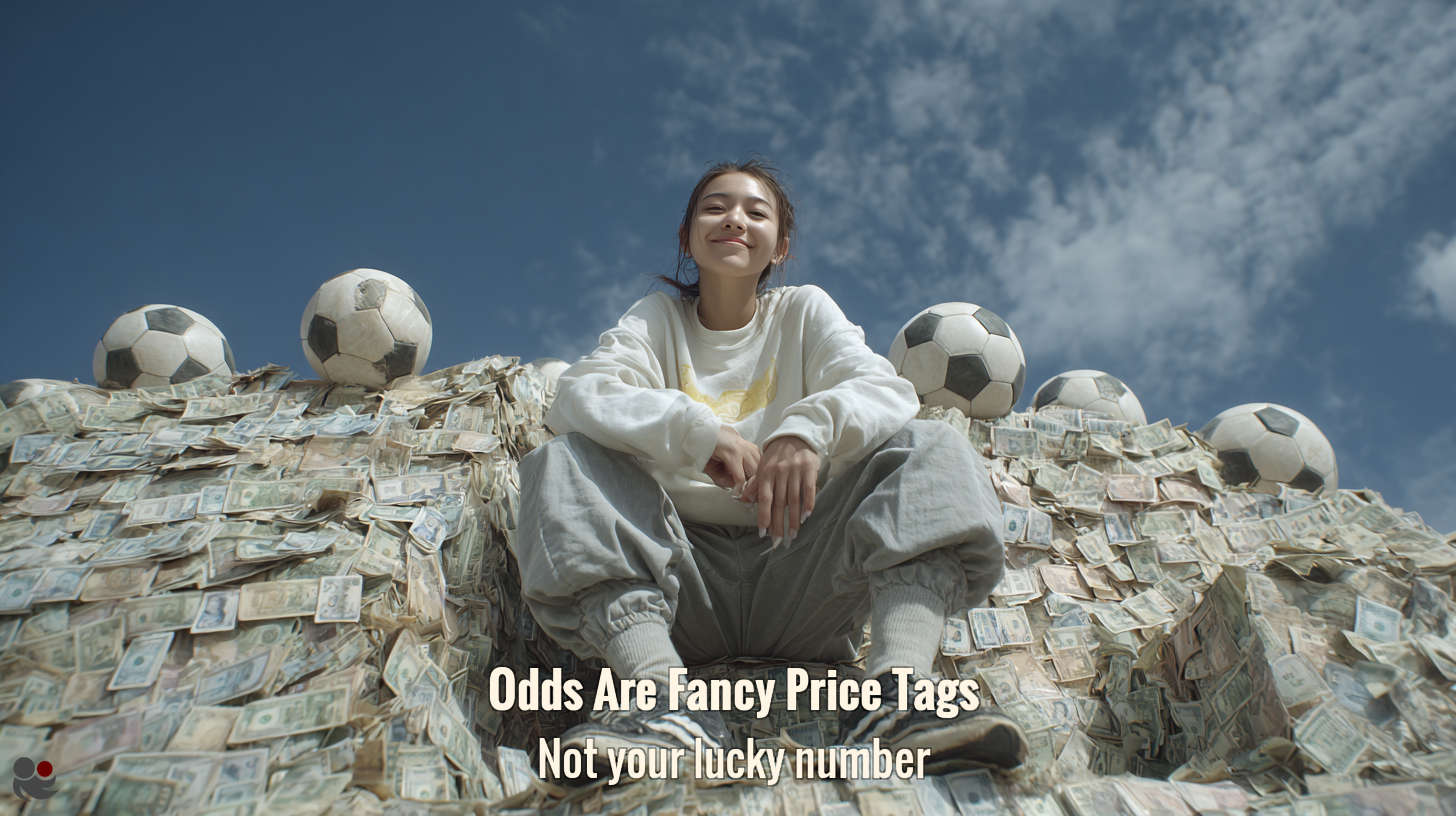 Woman sitting on a throne made of soccerballs and banknotes under a bright blue sky, with the text 'Odds Are Fancy Price Tags – Not your lucky number'; illustrates what are odds in betting – not probabilities, but market-driven prices.