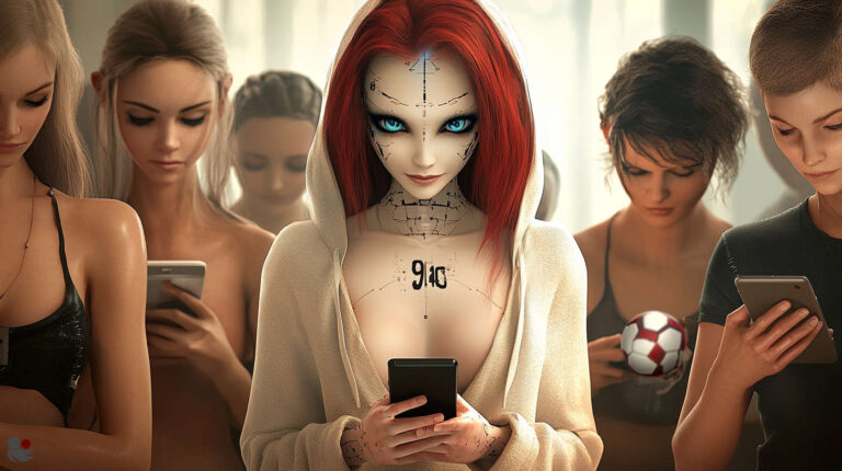 Tipster betting myth – AI observing bettors: Futuristic female AI with piercing blue eyes stares directly at viewer while humans around her look at smartphones, holding footballs.