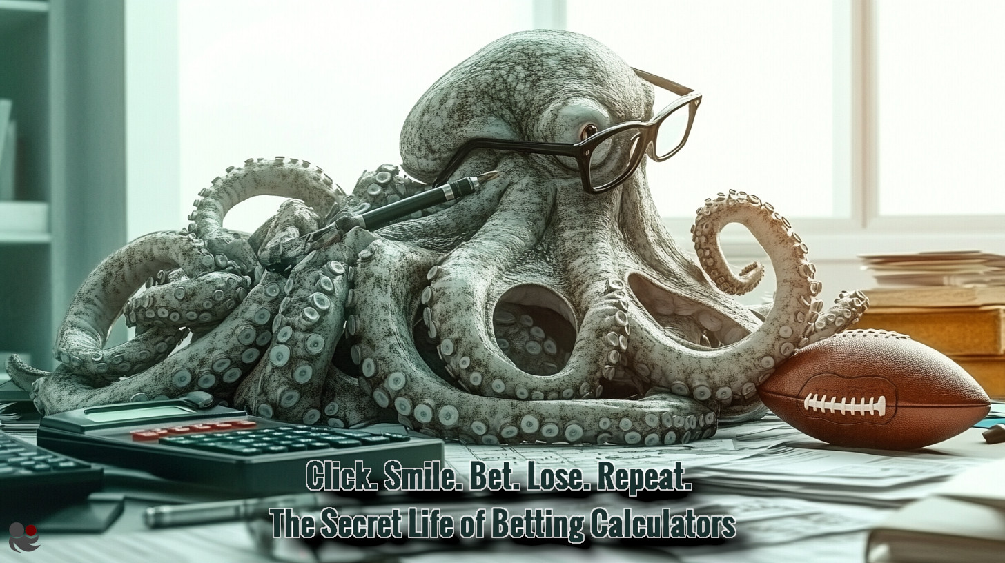Octopus holding betting calculators with text overlay: Click. Smile. Bet. Lose. Repeat. The Secret Life of Betting Calculators