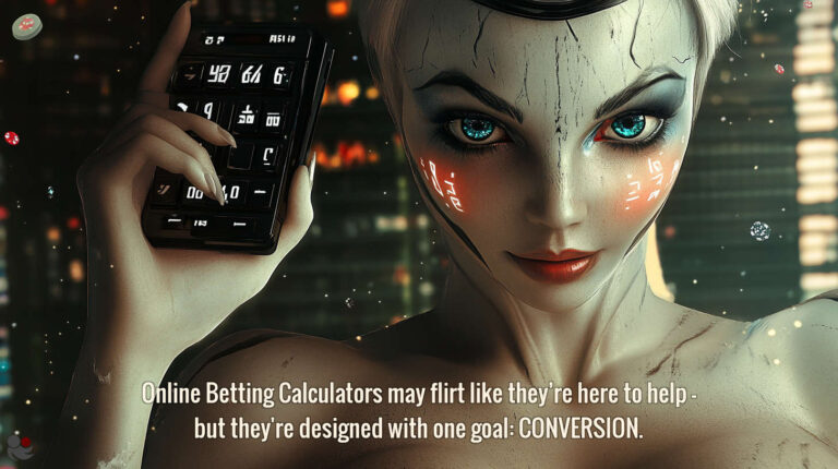 Futuristic woman holding a betting calculator with glowing eyes and digital interface, symbolising the seductive design of online betting tools such als betting calculators.