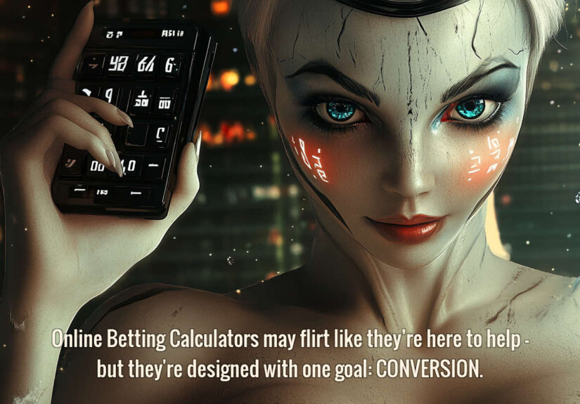 Futuristic woman holding a betting calculator with glowing eyes and digital interface, symbolising the seductive design of online betting tools such als betting calculators.