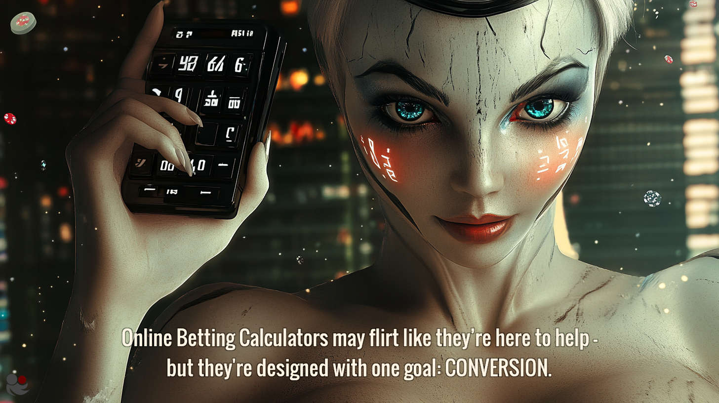 Futuristic woman holding a betting calculator with glowing eyes and digital interface, symbolising the seductive design of online betting tools such als betting calculators.