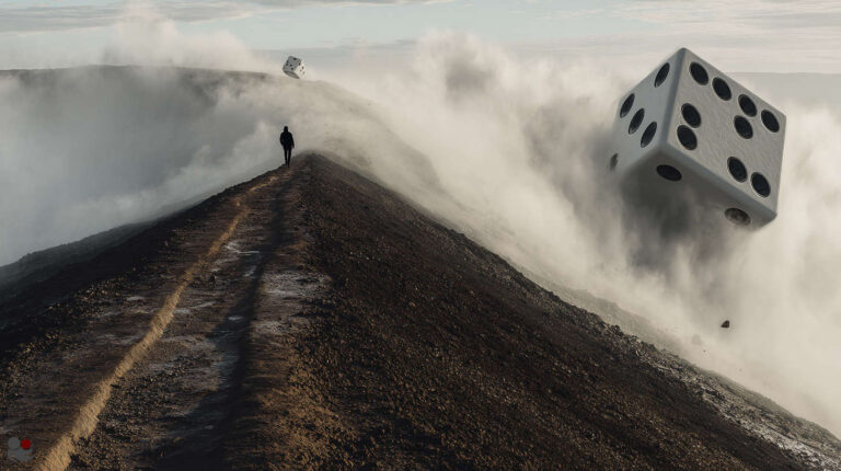 A lone hiker walks along a mountain ridge as massive dice roll through fog, symbolising the randomness of chance vs probability.