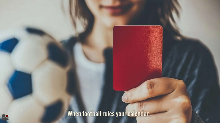 Close-up of a woman holding a red card, with a soccerball blurred in the foreground — a symbolic take on football addiction and loss of personal control.