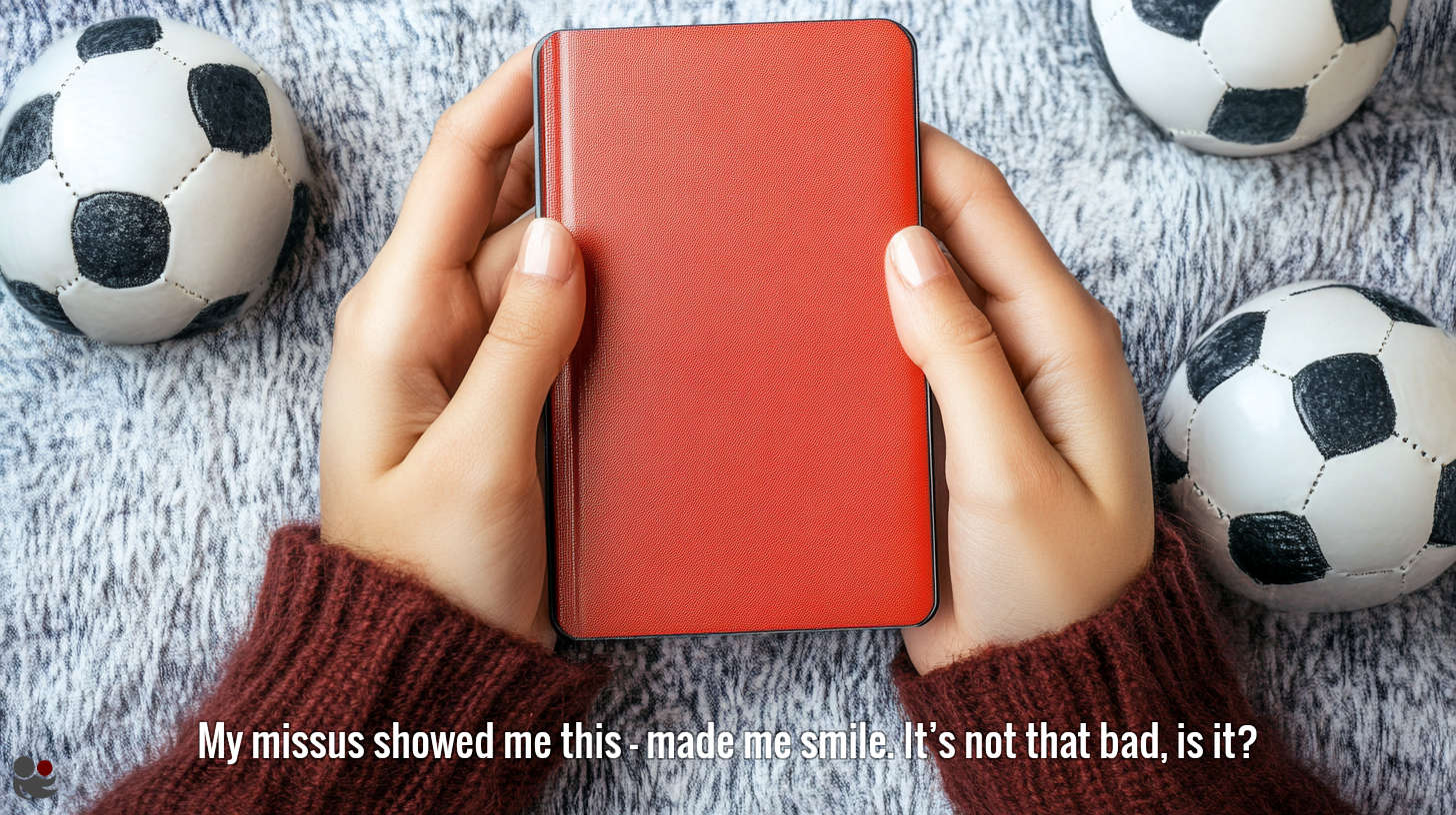 Hands holding a red card on a soft blanket, surrounded by four soccerballs — a symbolic warning about football obsession.