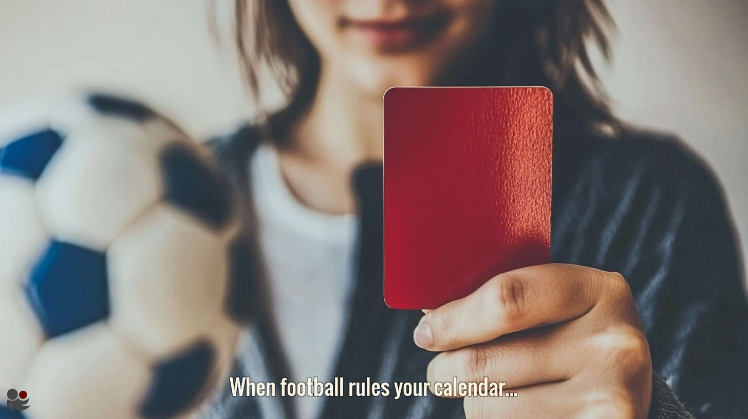 Close-up of a woman holding a red card, with a soccerball blurred in the foreground — a symbolic take on football addiction and loss of personal control.