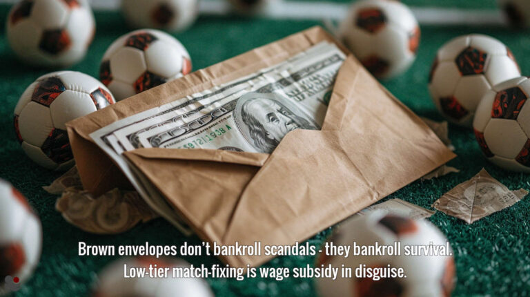 A brown envelope stuffed with cash lying on a football pitch, surrounded by soccerballs – symbolising low-tier match-fixing as the shadow wage system in football.