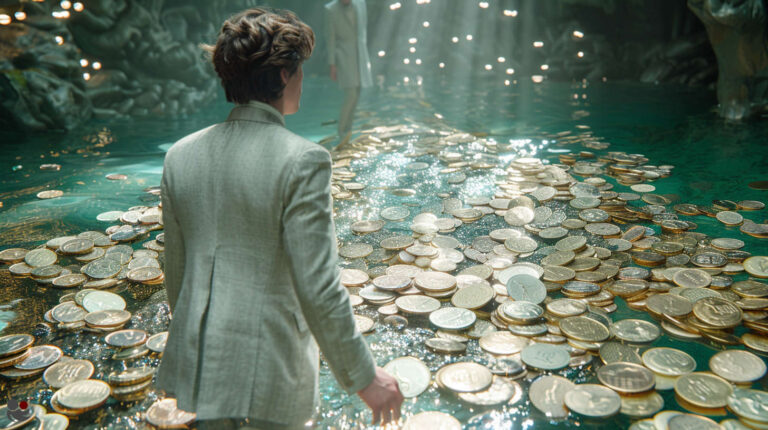 Man in suit facing a surreal path of coins glowing in water, symbolising gambling, luck and money temptation and uncertainty.