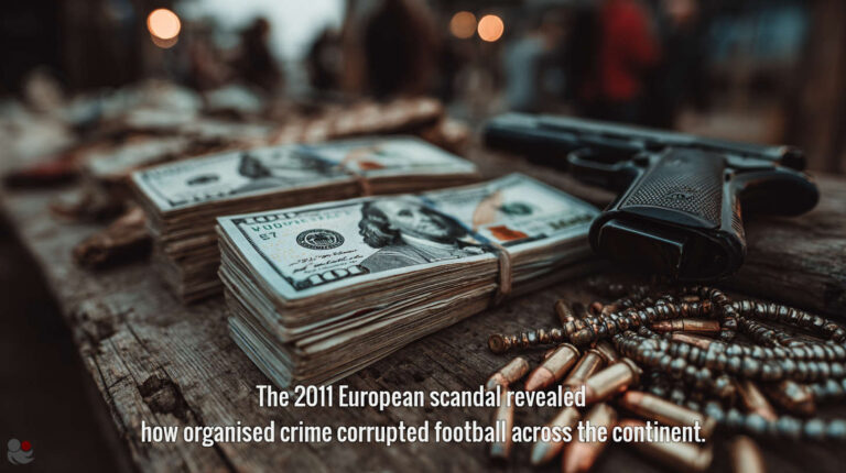 Stacks of US dollar bills, a pistol, and bullets on a wooden table — symbolising organised crime and the 2011 European football match fixing scandal.