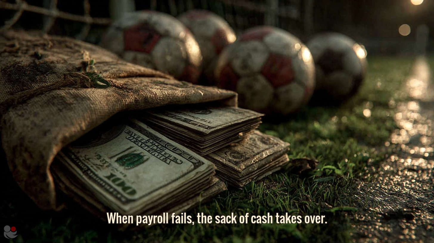 A muddy sack stuffed with cash by a football goal, soccerballs nearby — symbolising the hidden money that fuels low-tier match-fixing.
