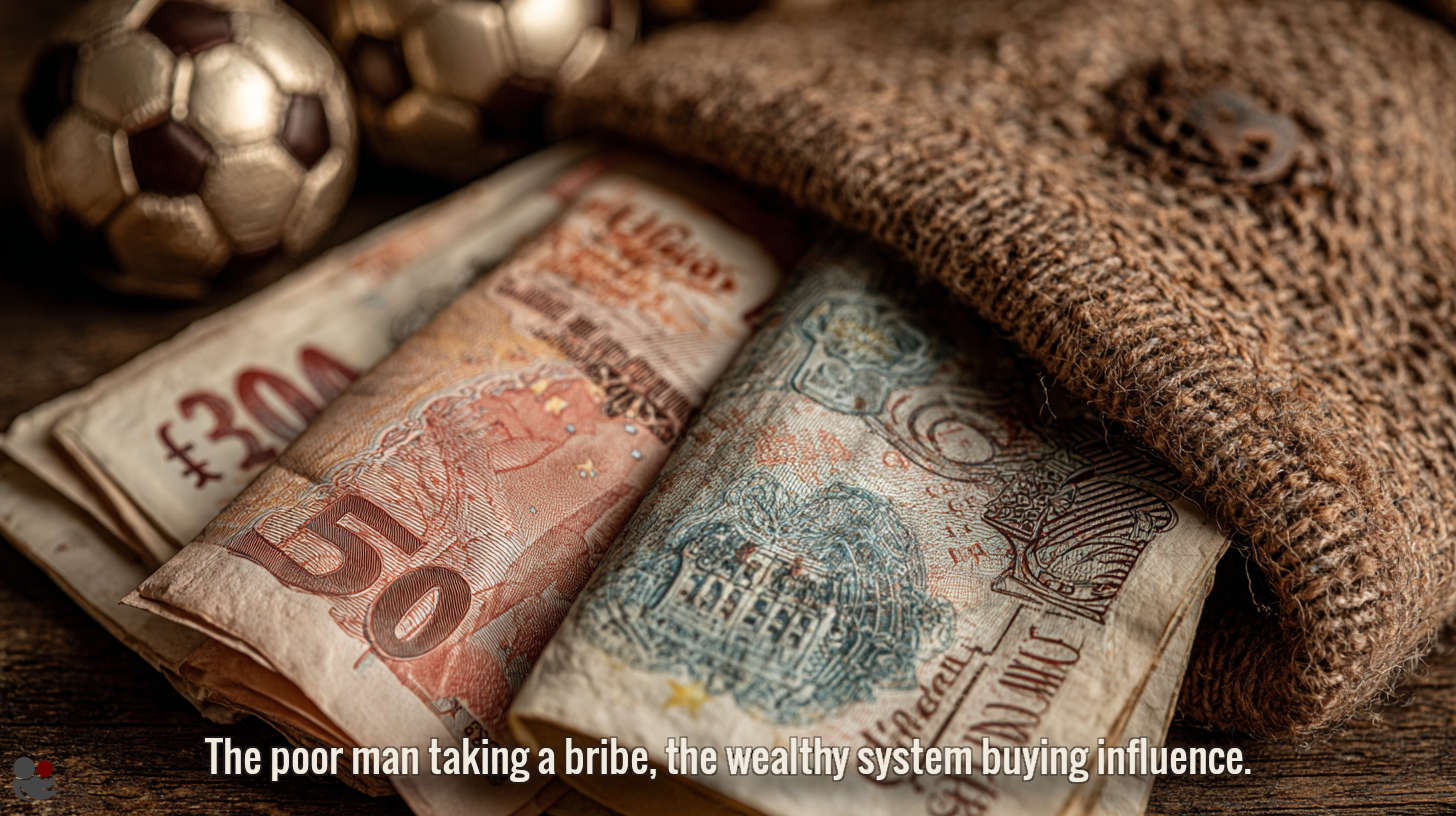 A sack of old banknotes with soccerballs nearby, illustrating the contrast between poor players taking bribes and wealthy systems buying influence in football.