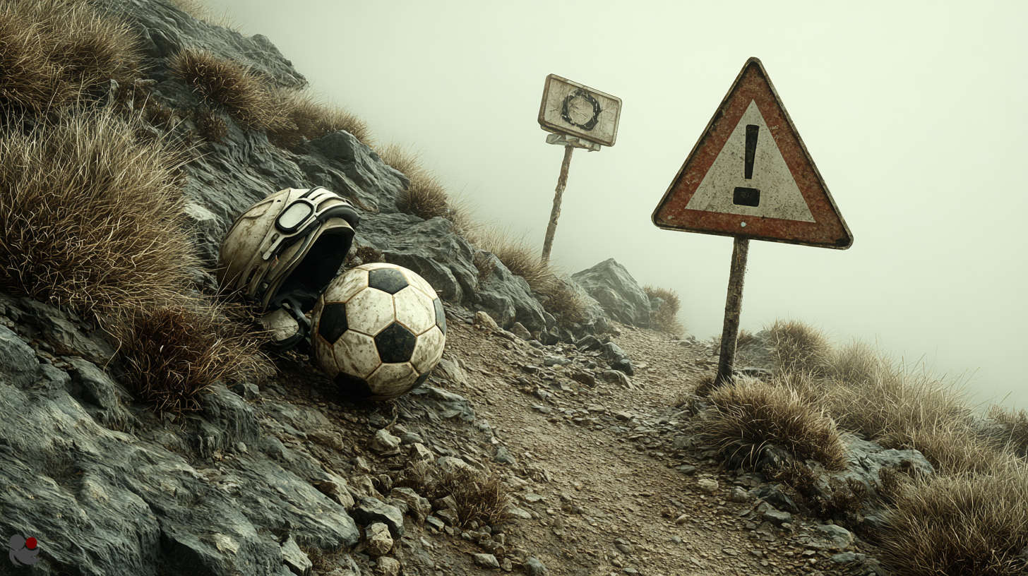 Abandoned helmet and soccerball on rocky mountain path next to danger sign – symbolic of risk, betting, and unexpected outcomes.