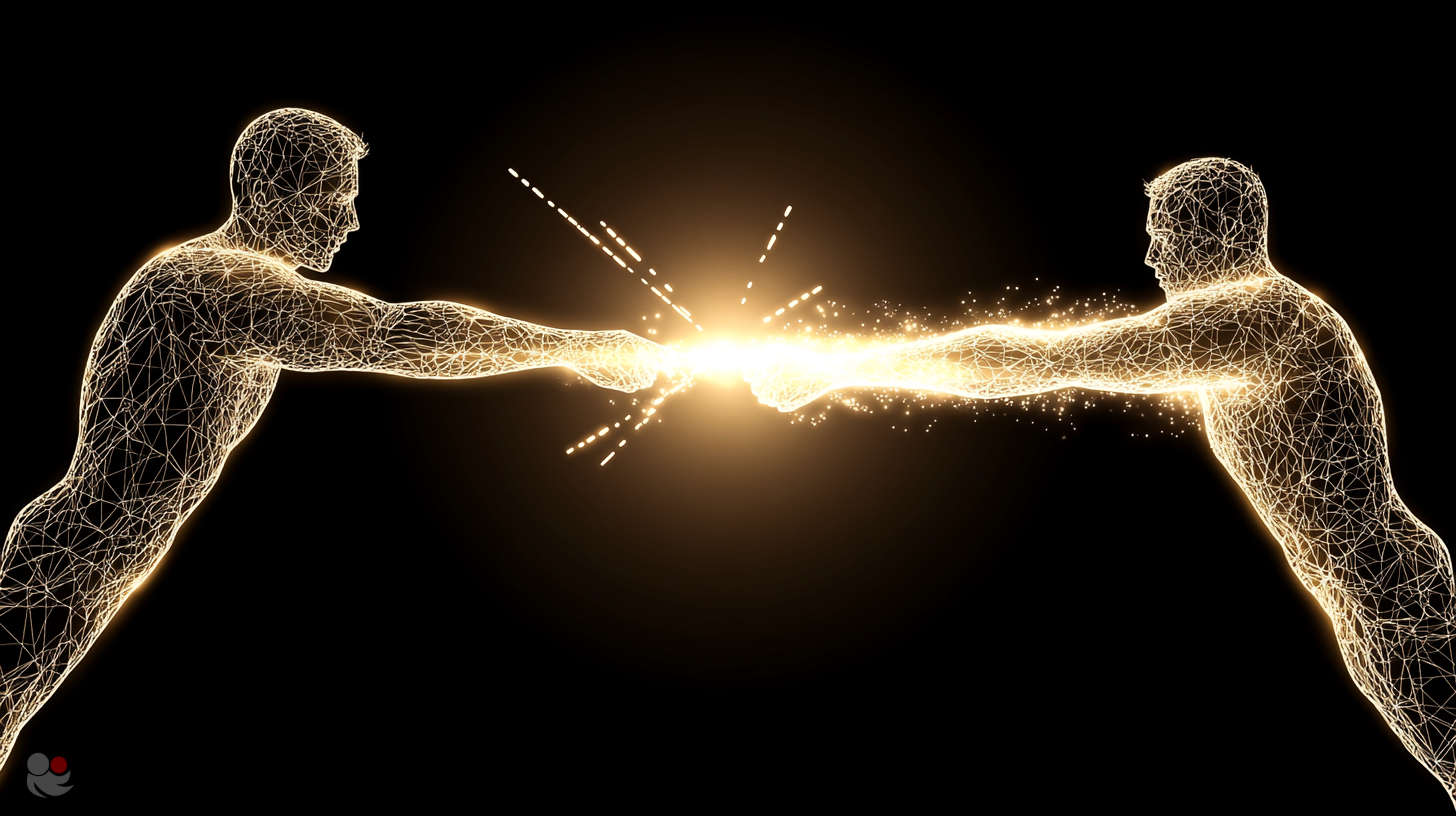 Concept image about the non-neutrality of odds: Two wireframe human figures locked in tension, representing the push-and-pull between prediction and manipulation in betting markets.