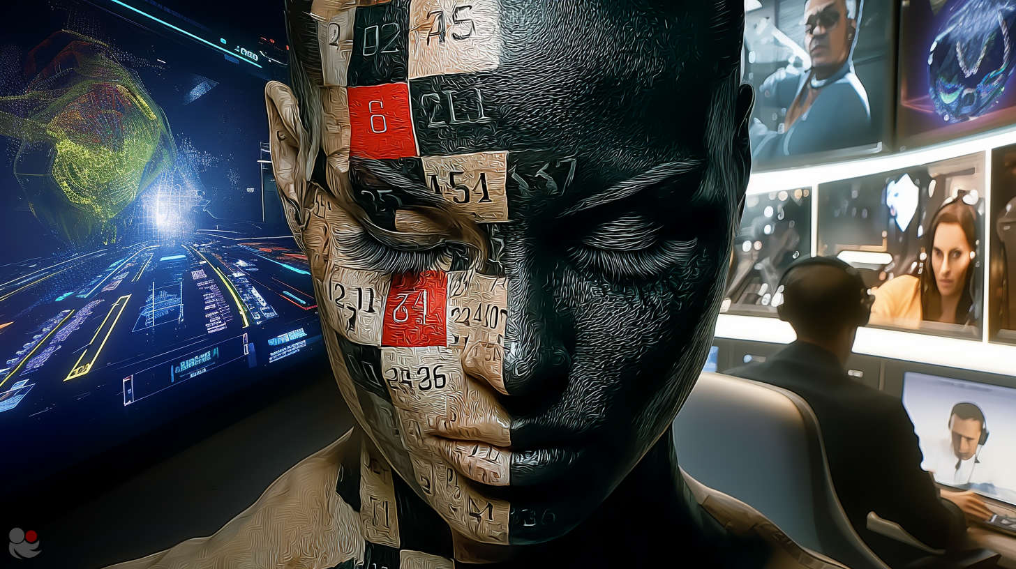 Conceptional image for - Odds are non-neutral: In-Play markets shaped by surveillance and machine learning. - A face covered in betting odds, symbolising machine learning and surveillance in In-Play sports betting. Screens and data surround the scene.
