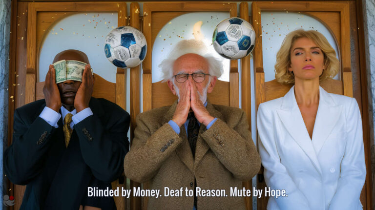 ymbolic image about gambling for money: three individuals show different stages of denial and awakening - blinded by cash, lost in belief, and quietly disillusioned.