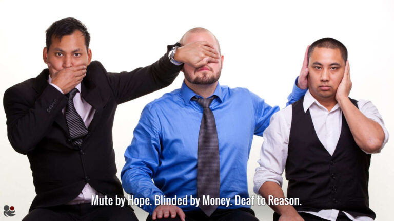 Symbolic image about gambling for money: three individuals show different stages of denial and awakening - See nothing. Hear nothing. Say nothing.